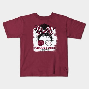 Maroon and White Vibes Only Football Mom Messy Hair Gameday Kids T-Shirt